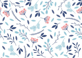 Wall Mural - winter seamless pattern with leaves and branches. vector