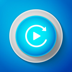 Poster - White Video play button like simple replay icon isolated on blue background. Circle blue button with white line. Vector Illustration