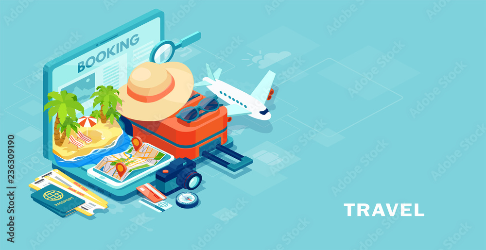 Vector of travel equipment and luggage on a mobile laptop touch screen - obrazy, fototapety, plakaty 