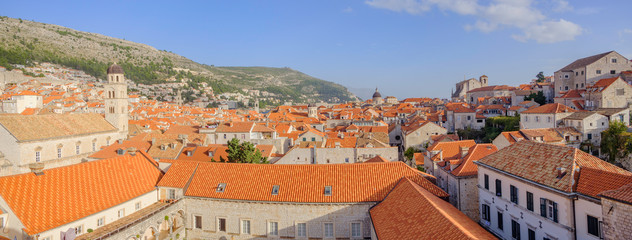 Scenic panoramic view of historic part of ancient touristic town Dubrovnik in Croatia. Beautiful aerial view of old european resort on Adriatic sea.