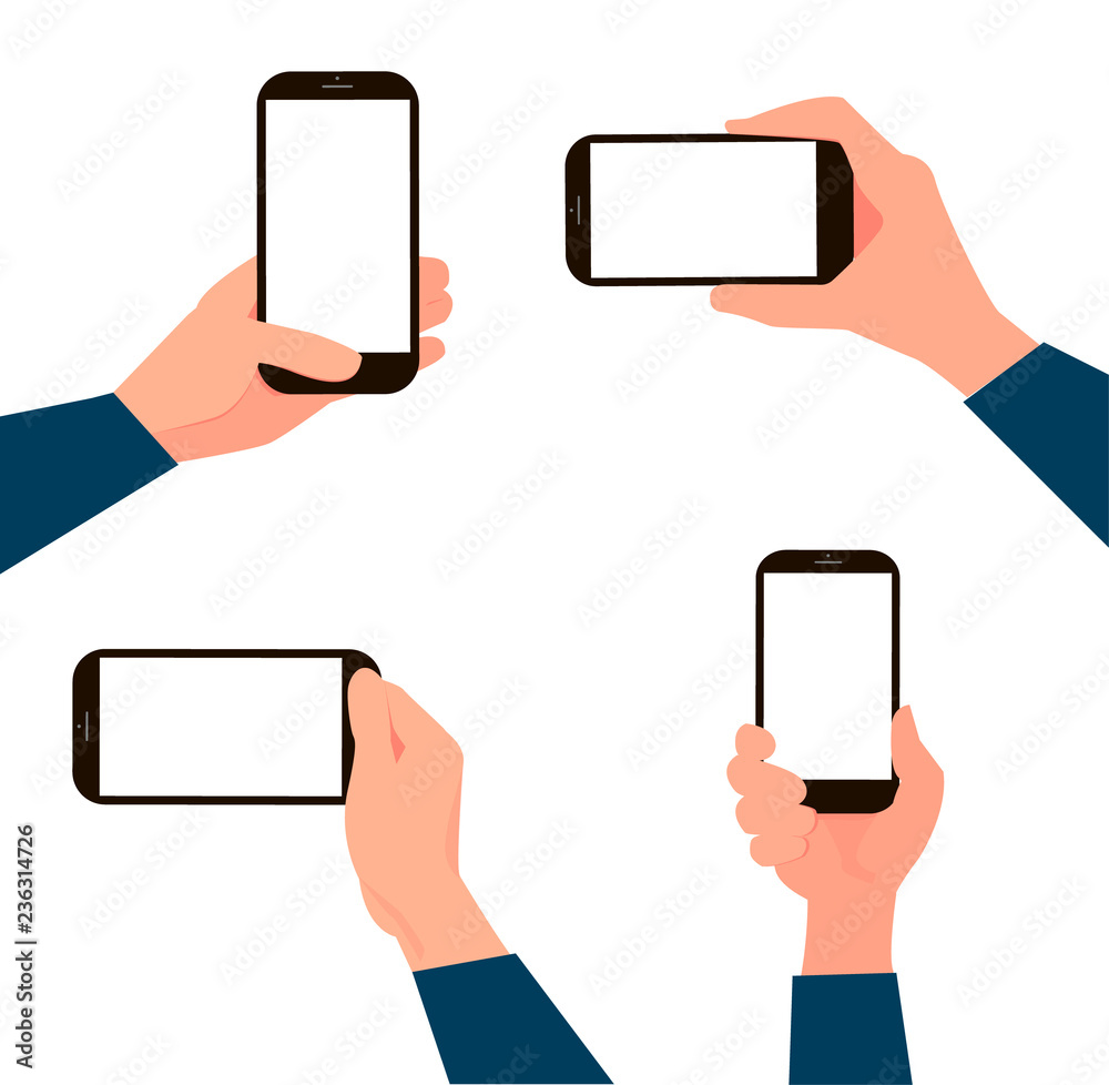Hand holding black smartphone with empty screen in different poses on ...