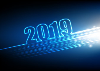 Wall Mural - 2019 Happy New year with abstract futuristic innovation of digital technology background, vector illustration