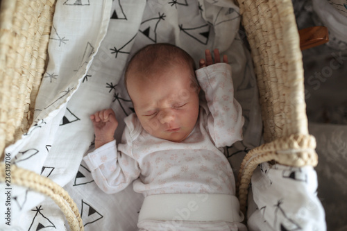 Fotografie, Obraz newborn sleeps in wicker crib on muslin diaper