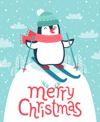 Poster - Cute penguin skiing down the hill. Merry Christmas card.