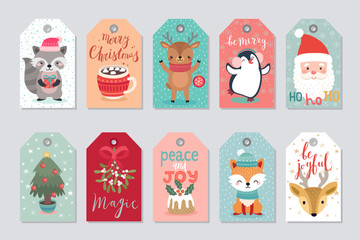 Poster - Christmas gift tags set with cute characters.
