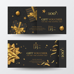 Wall Mural - Vector set of luxury Christmas gift vouchers with realistic golden bows, boxes, toys, gold ribbons, stars and confetti. Festive dark background for design of gift card, coupon and holiday certificate