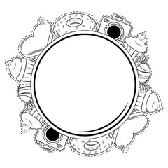 Sticker - Birthday round frame with candies and gifts black and white