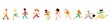 People of different age and gender in casual clothing running in flat style isolated on white background. Side view of happy hurrying men and women moving forward quickly in vector illustration.
