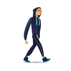 Vector cartoon young man in sport suit with hooded sweatshot walking with smile at face. Male character with active healthy lifestyle walking after training, workout. Isolated illustration