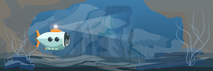 The submarine sails in the dark depths of the sea or ocean. Rocky cave at the bottom of the sea. Deserted seabed with stones and transparent algae. Seascape. Realistic Vector Landscape