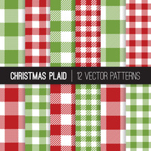Christmas Red And Green Gingham And Buffalo Check Plaid Vector Patterns. Winter Holidays Backgrounds. Red White Green Checkered Tablecloth. Repeating Pattern Tile Swatches Included.