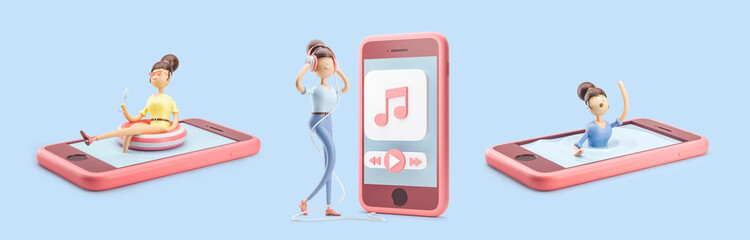 Sticker - Set of 3d illustration. Cartoon character drowning in social media phone. Cartoon character listening to music. cartoon character chilling in phone like in pool.