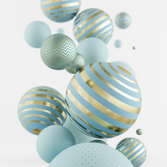 Wall Mural - flying blue and golden spheres. 3d illustration. abstract background with 3d geometric shapes. moder