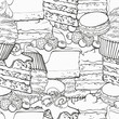 Sweet baked desserts outline seamless pattern in sketch style - black and white background with hand drawn line cookies, pies and cakes with fruits and berries. Texture with confectionery products.