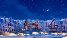 Snowbound European Town Among Alpine Mountains With Half-timbered Houses Illuminated By Christmas Lights At Winter Night With Crescent In Starry Sky. 3D Illustration.