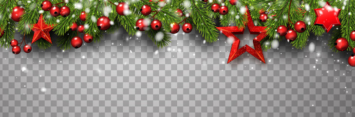 christmas and new year banner with fir branches, holly berries and red stars.