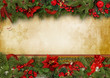 Christmas greeting card with holly, poinsettia and firtree