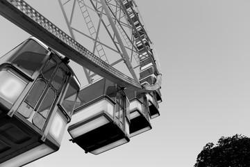 low angle view of a ferris wheel, black and white photo