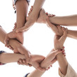 © suphaporn - under view friendship People partnership teamwork crossed hands finishing up meeting show unity on white background , Business partner  teamwork concept
