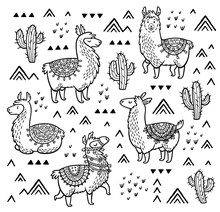 Decorative Alpaca And Cactuses Collection. Hand-drawn Contour Lines And Strokes.