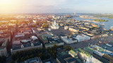 Fototapeta Morze - Beautiful aerial view of Helsinki city at sunset. Cathedral.