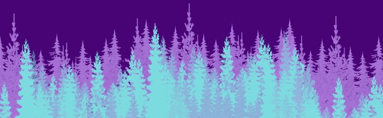 Wall Mural - winter wonderland magical pine forest with glowing lights, mist and mood, snowy, wintery woodland treeline in wide header banner illustration