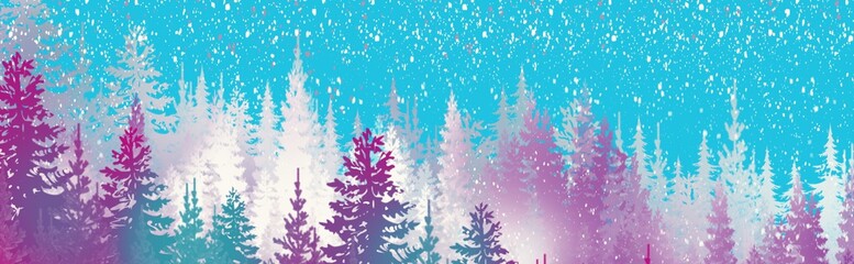Wall Mural - winter wonderland magical pine forest with glowing lights, mist and mood, snowy, wintery woodland treeline in wide header banner illustration
