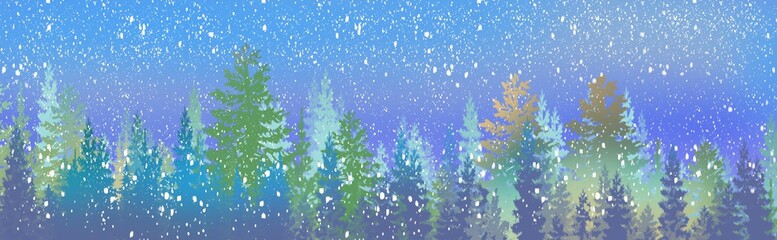 Wall Mural - winter wonderland magical pine forest with glowing lights, mist and mood, snowy, wintery woodland treeline in wide header banner illustration