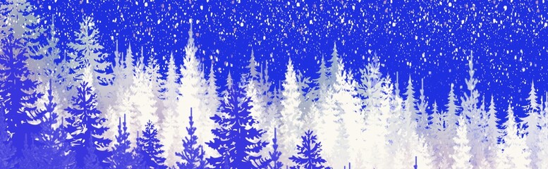 Wall Mural - winter wonderland magical pine forest with glowing lights, mist and mood, snowy, wintery woodland treeline in wide header banner illustration