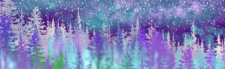 Wall Mural - winter wonderland magical pine forest with glowing lights, mist and mood, snowy, wintery woodland tr