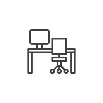 Office desk, computer and chair furniture outline icon. linear style sign for mobile concept and web design. Workspace simple line vector icon. Workplace symbol, logo illustration. Vector graphics