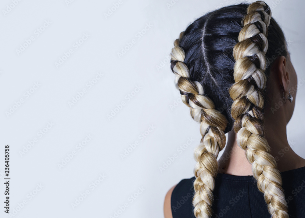 two thick braids of artificial hair, a youth hairdo, colored hai - obrazy, fototapety, plakaty 