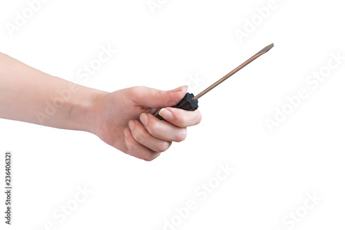 Fotografie, Obraz woman holding a screwdriver in her hand isolated on white background