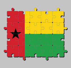 Jigsaw puzzle of Guinea Bissau flag in vertical red line with black star two horizontal yellow and green. Concept of Fulfillment or perfection.