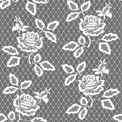 Wall Mural - White seamless lace pattern with rose on transparent background