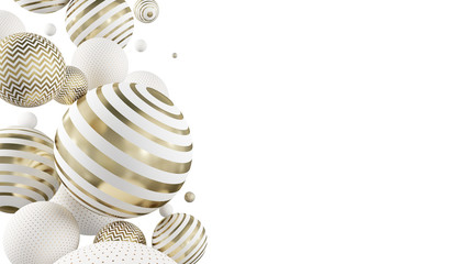 Wall Mural - flying white and golden spheres ona blue background. 3d illustration.