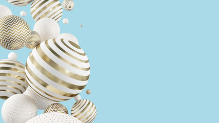 Wall Mural - flying white and golden spheres ona blue background. 3d illustration.