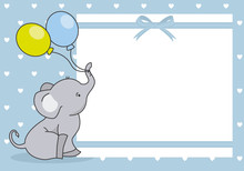 Baby Boy Shower Card. Cute Elephant With Balloon. Space For Text