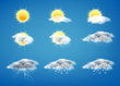 Vector realistic set of weather forecast icons for web interfaces or mobile apps, isolated on blue background. Meteorology symbols clipart, sunny day, gray clouds with rain, storm with lightning, snow