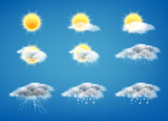 vector realistic set of weather forecast icons for web interfaces or mobile apps, isolated on blue b
