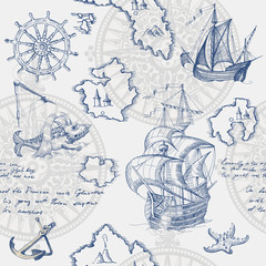  Old caravel, vintage sailboat, sea monster. Monochrome Hand drawn sketch. Vector seamless pattern for boy. Detail of the old geographical maps of sea.