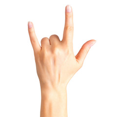 female hand showing rock n roll sign or giving the devil horns gesture