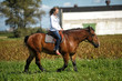 blonde riding a horse in a field