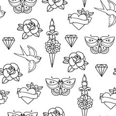 Hand drawn traditional tattoos. Graphic vector seamless pattern