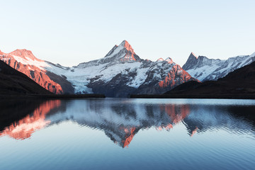 Wall Mural - picturesque view on bachalpsee lake in swiss alps mountains. snowy peaks of wetterhorn, mittelhorn a