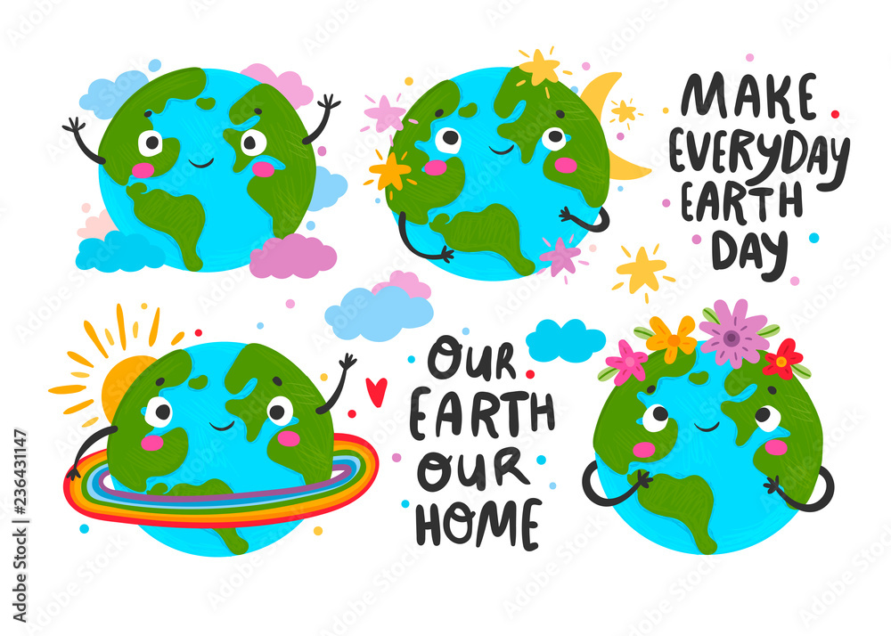 World Earth day. Hand drawn cute planet Earth in various conditions ...