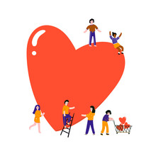 Happy Valentine's Day. Tiny People Doing Various Stuff With Giant Red Heart. Hand Drawn Vector Illustration