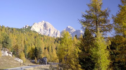 Wall Mural - Scenic footage of majestic Dolomites mountains in Italian Alps. Landscape shot of colorful trees and rocky mountains in the the Italian Dolomites in sunny autumn day.