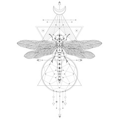 Wall Mural - vector illustration with hand drawn dragonfly and sacred geometric symbol on white background. abstr