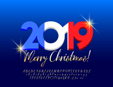 Vector French greeting card Merry Christmas 2019 with Calligraphy Alphabet. Golden Font. Elegant Letters, Numbers and Symbols.